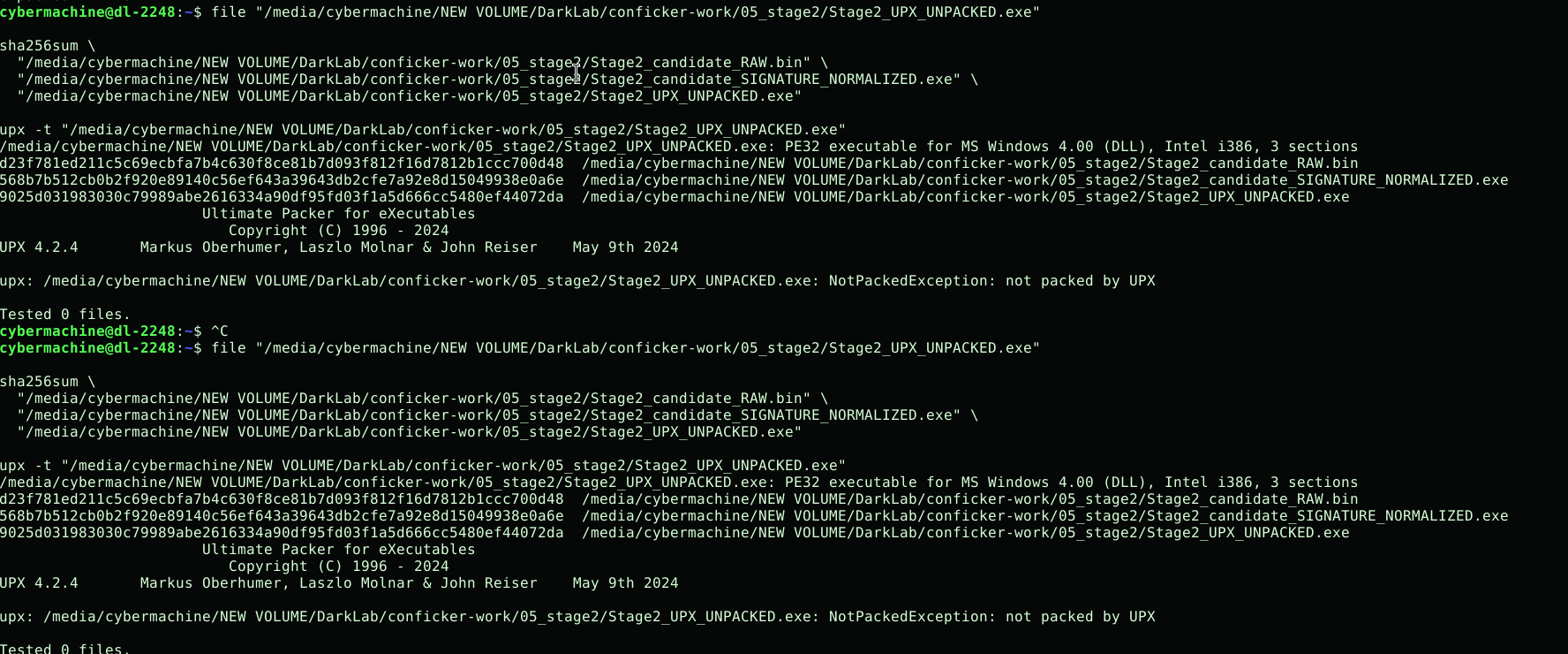 UPX katmanı kaldırıldıktan sonra file, SHA-256 ve UPX test doğrulaması