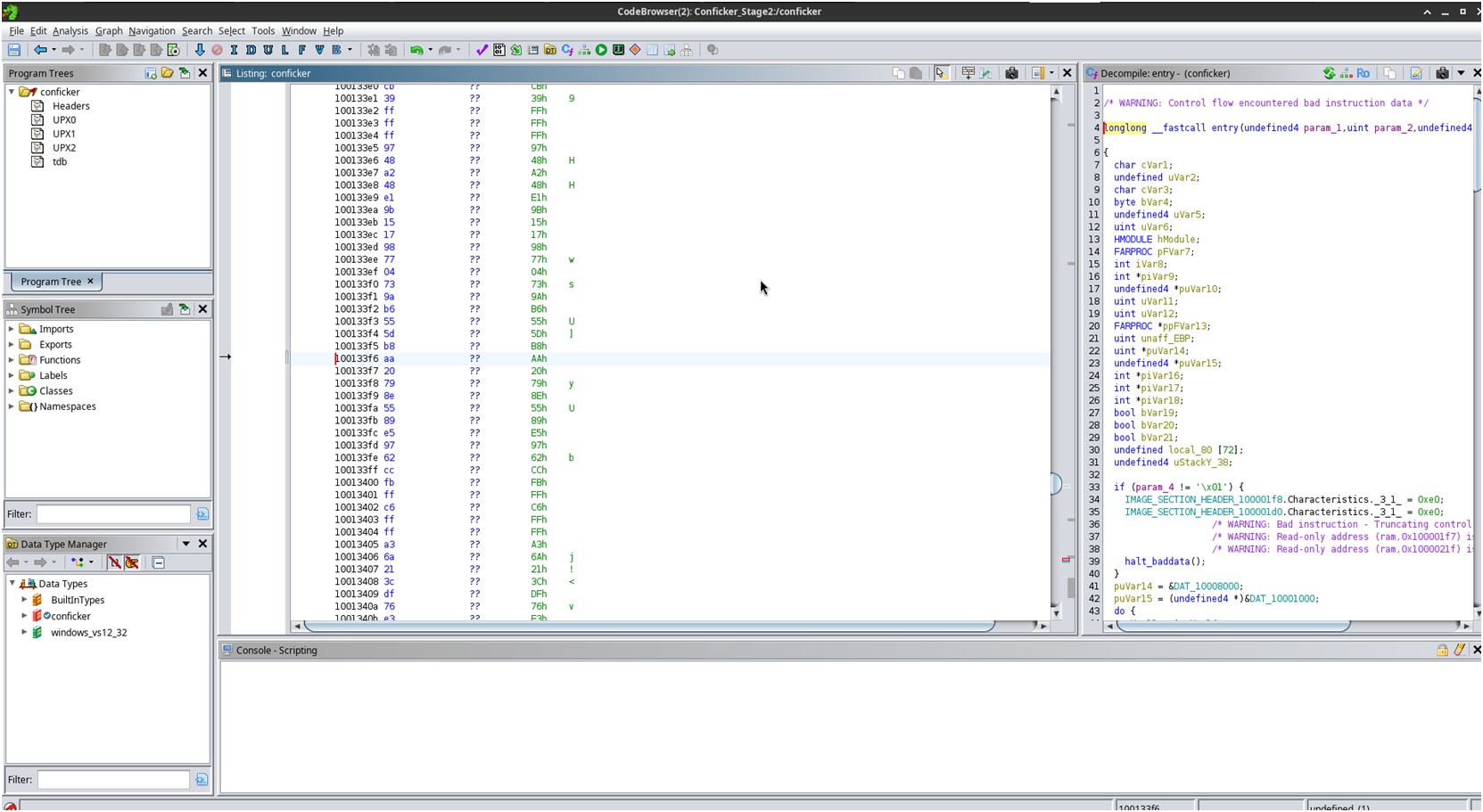 Paketlenmiş Conficker örneğinin Ghidra görünümü