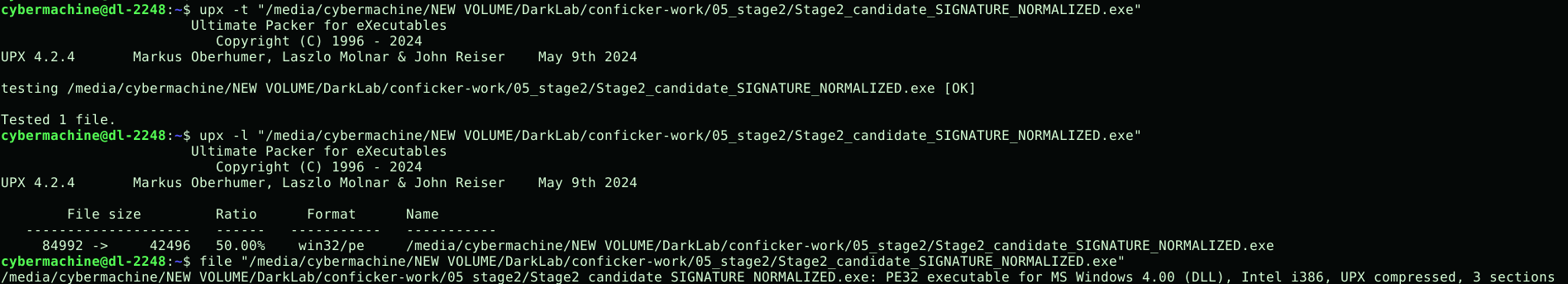 UPX ile paketlenmiş Stage2 adayının test, listeleme ve file doğrulaması